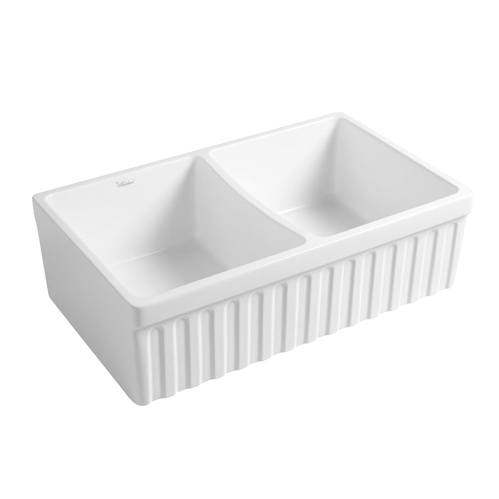 Whitehaus WHQDB332-M-WHITE Farmhaus Quatro Alcove Reversible Double Bowl Fireclay Kitchen Sink