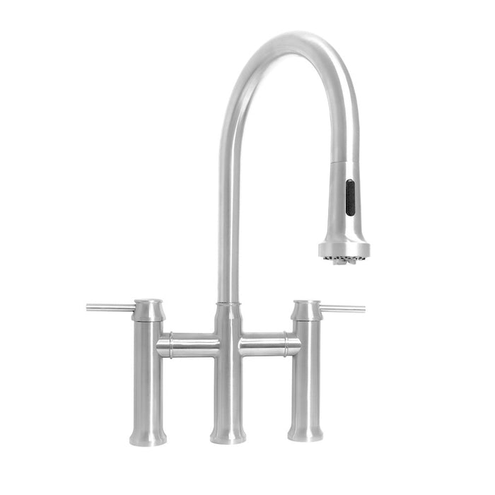 Whitehaus WHS6900-PDK-PSS Waterhaus Bridge Faucet with a Gooseneck Swivel Spout and Lever Handles