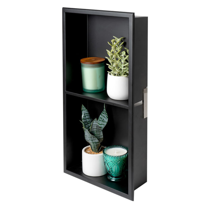 ALFI Brand 12 x 24 Black Matte Stainless Steel Vertical Double Shelf Bath Shower Niche