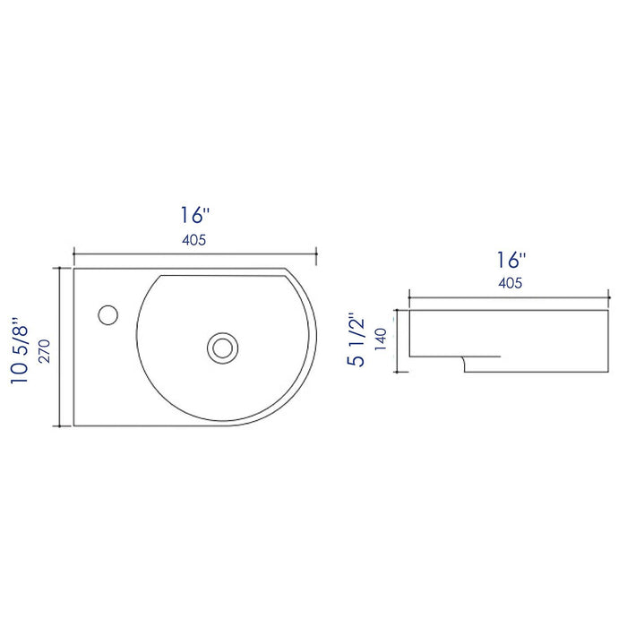 ALFI Brand ABC119 White Modern 16" Small Wall Mounted Ceramic Sink with Faucet Hole