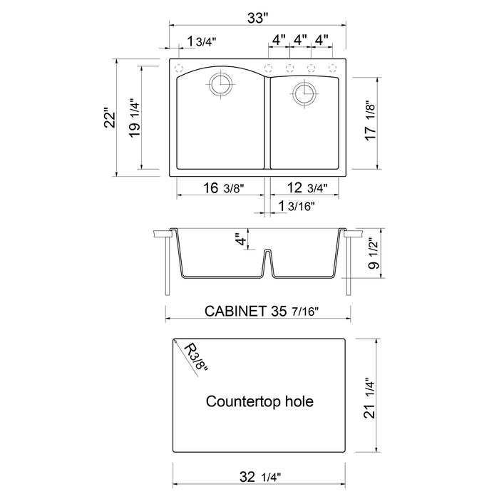 ALFI AB3320DI-BLA Black 33" Double Bowl Drop in Granite Composite Kitchen Sink