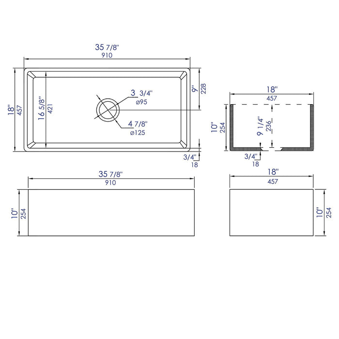 ALFI Brand ABF3618 36" White Thin Wall Single Bowl Smooth Apron Fireclay Kitchen Farm Sink