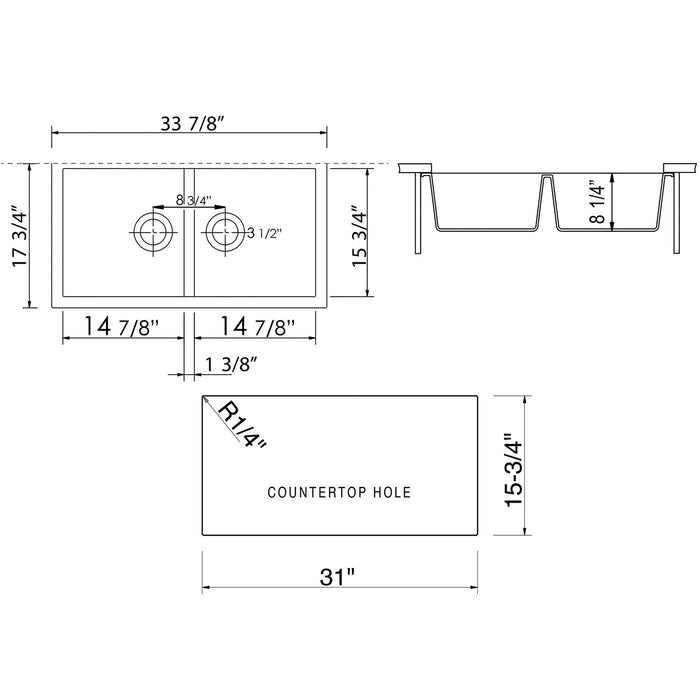 ALFI Brand AB3420UM-T Titanium 34" Undermount 2x Bowl Granite Comp Kitchen Sink