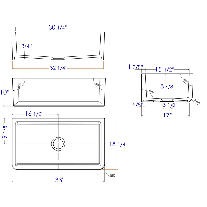 ALFI AB3318SB-B 33" Biscuit Smooth Apron Solid Thick Wall Fireclay Single Bowl Farm Sink