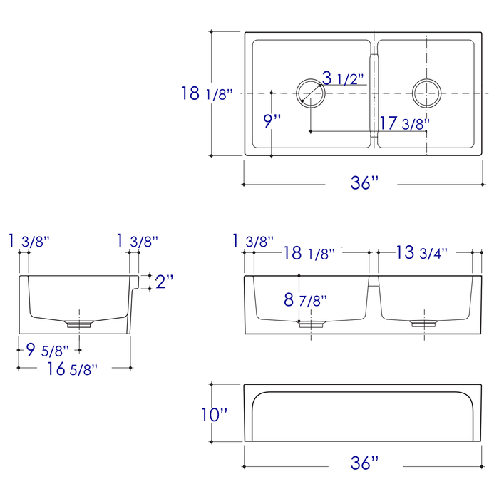 ALFI AB3618ARCH-B 36" Biscuit Arched Apron Wall Fireclay Double Bowl Farm Sink
