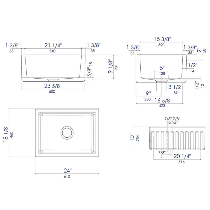 ALFI AB2418HS-BM 24" Matte Black Reversible Smooth / Fluted Fireclay Farm Sink