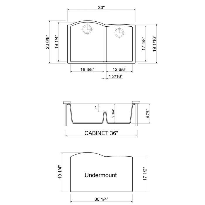 ALFI AB3320UM-BLA Black 33" Double Bowl Undermount Granite Composite Sink