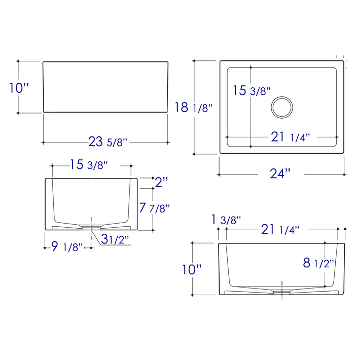 ALFI AB2418SB-W 24" White Smooth Thick Wall Fireclay Single Bowl Farm Sink