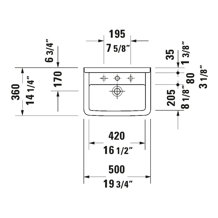 Duravit 0300500000 Starck 3 19 5/8" Rectangular Wall Mounted Bathroom Sink with 1 Hole