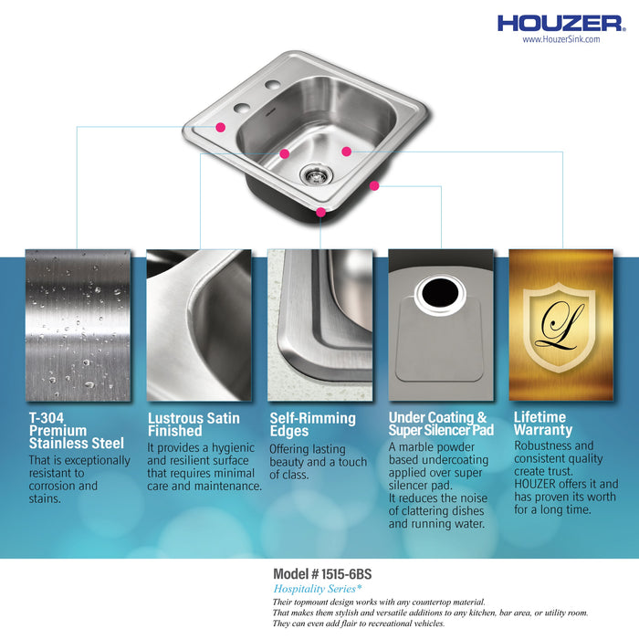 Houzer 1515-6BS-1 Hospitality 15" Stainless Steel Drop-in Topmount 2-Hole Bar and Prep Sink