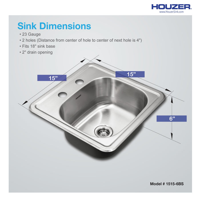 Houzer 1515-6BS-1 Hospitality 15" Stainless Steel Drop-in Topmount 2-Hole Bar and Prep Sink