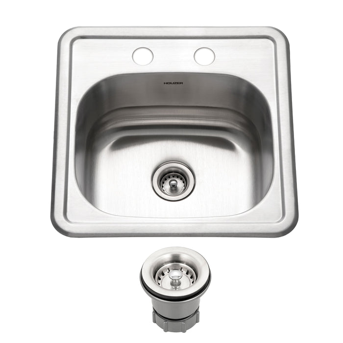 Houzer 1515-6BS-C Hospitality 15" Stainless Steel Drop-in Topmount 2-Hole Bar and Prep Sink with Strainer