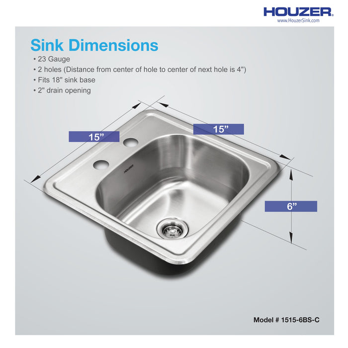 Houzer 1515-6BS-C Hospitality 15" Stainless Steel Drop-in Topmount 2-Hole Bar and Prep Sink with Strainer