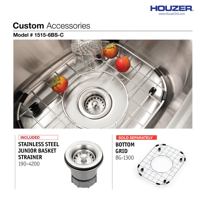 Houzer 1515-6BS-C Hospitality 15" Stainless Steel Drop-in Topmount 2-Hole Bar and Prep Sink with Strainer