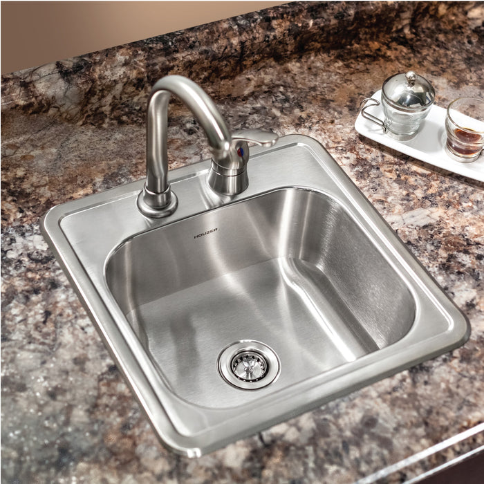 Houzer 1515-6BS-C Hospitality 15" Stainless Steel Drop-in Topmount 2-Hole Bar and Prep Sink with Strainer