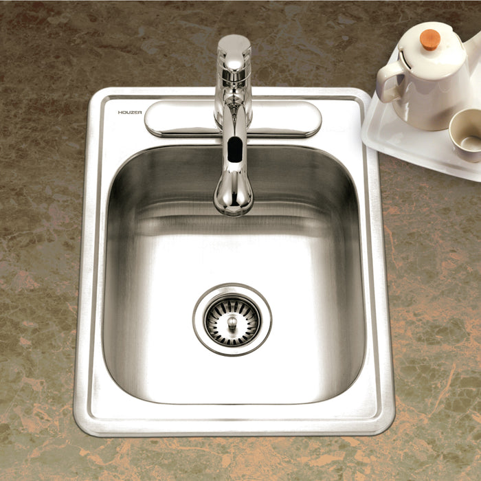 Houzer 1722-7BS-1 Hospitality 17" Stainless Steel Drop-in Topmount 3-Hole Large Bar and Prep Sink with Strainer
