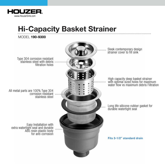 Houzer 190-9300 3-1/2" Stainless Steel Deep Cup Basket Strainer