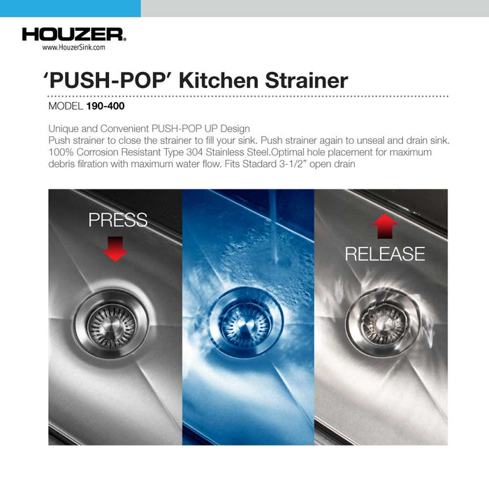 Houzer 190-9400 3-1/2" Stainless Steel Pop-Up Basket Strainer