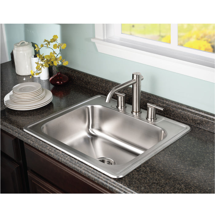Houzer 2522-8BS3-C Glowtone 25" Stainless Steel Drop-in Topmount 3-Hole Single Bowl 8" Deep Kitchen Sink with Strainer