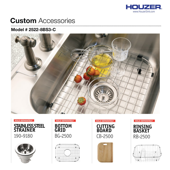 Houzer 2522-8BS3-C Glowtone 25" Stainless Steel Drop-in Topmount 3-Hole Single Bowl 8" Deep Kitchen Sink with Strainer