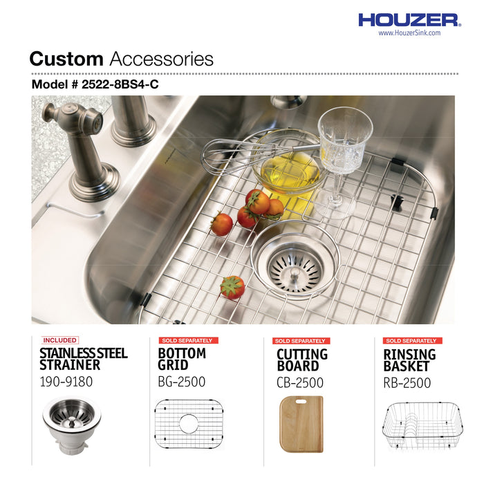 Houzer 2522-8BS4-C Glowtone 25" Stainless Steel Drop-in Topmount 4-Hole Single Bowl 8" Deep Kitchen Sink with Strainer