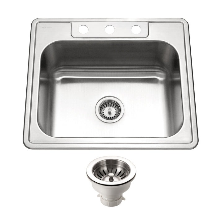 Houzer 2522-9BS3-C Glowtone 25" Stainless Steel Drop-in Topmount 3-Hole Single Bowl 9" Deep Kitchen Sink with Strainer