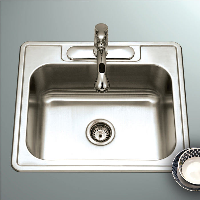 Houzer 2522-9BS3-C Glowtone 25" Stainless Steel Drop-in Topmount 3-Hole Single Bowl 9" Deep Kitchen Sink with Strainer