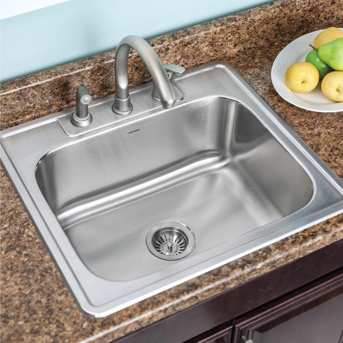 Houzer 2522-9BS3-C Glowtone 25" Stainless Steel Drop-in Topmount 3-Hole Single Bowl 9" Deep Kitchen Sink with Strainer