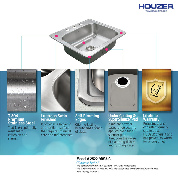 Houzer 2522-9BS3-C Glowtone 25" Stainless Steel Drop-in Topmount 3-Hole Single Bowl 9" Deep Kitchen Sink with Strainer