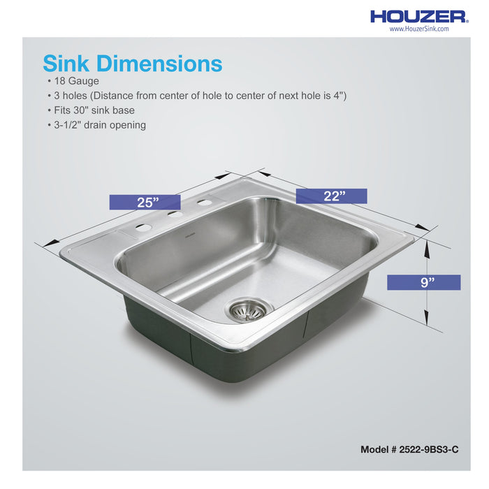 Houzer 2522-9BS3-C Glowtone 25" Stainless Steel Drop-in Topmount 3-Hole Single Bowl 9" Deep Kitchen Sink with Strainer