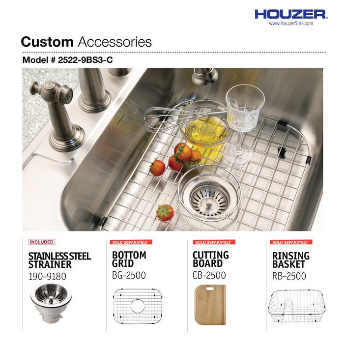 Houzer 2522-9BS3-C Glowtone 25" Stainless Steel Drop-in Topmount 3-Hole Single Bowl 9" Deep Kitchen Sink with Strainer