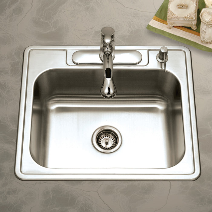 Houzer 2522-9BS4-C Glowtone 25" Stainless Steel Drop-in Topmount 4-Hole Single Bowl 9" Deep Kitchen Sink with Strainer