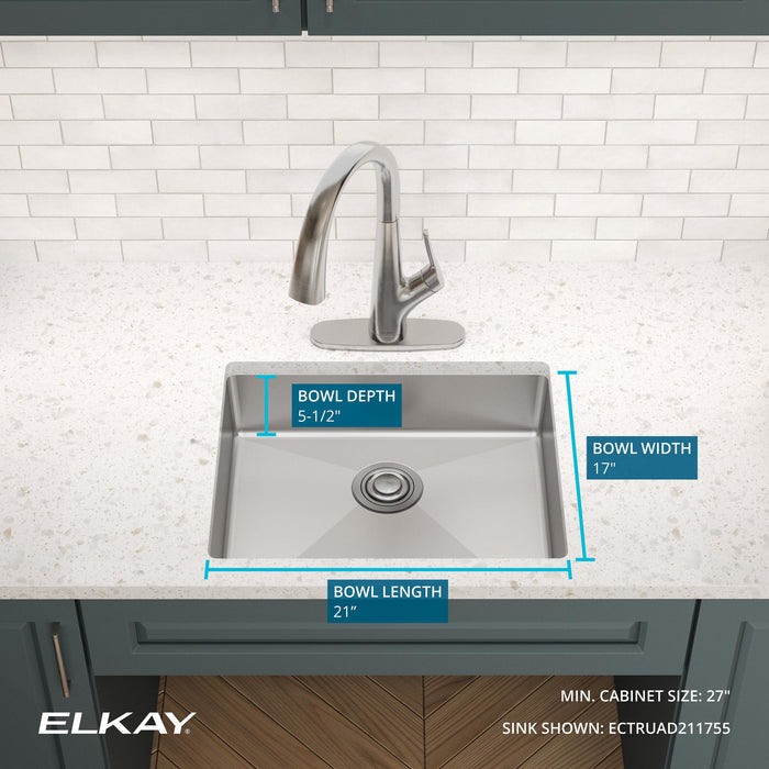 Elkay ECTRUAD211755 22-1/2" x 18-1/2" Stainless Steel Single-Bowl Undermount Kitchen Sink in Polished Satin