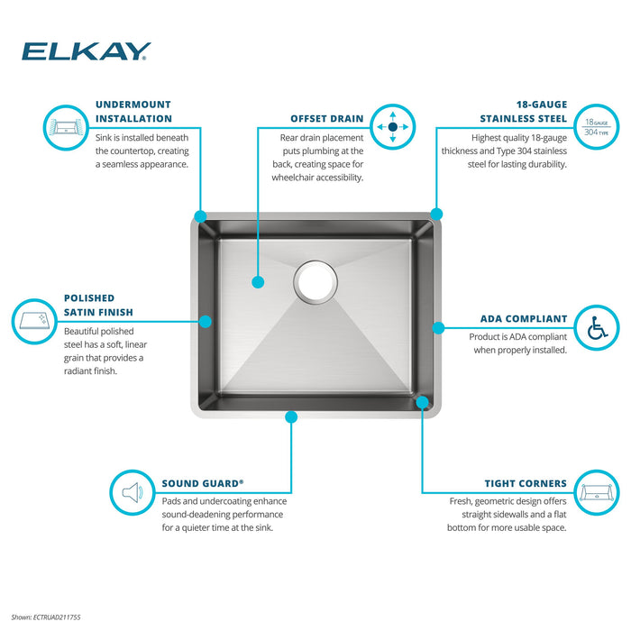 Elkay ECTRUAD211755 22-1/2" x 18-1/2" Stainless Steel Single-Bowl Undermount Kitchen Sink in Polished Satin
