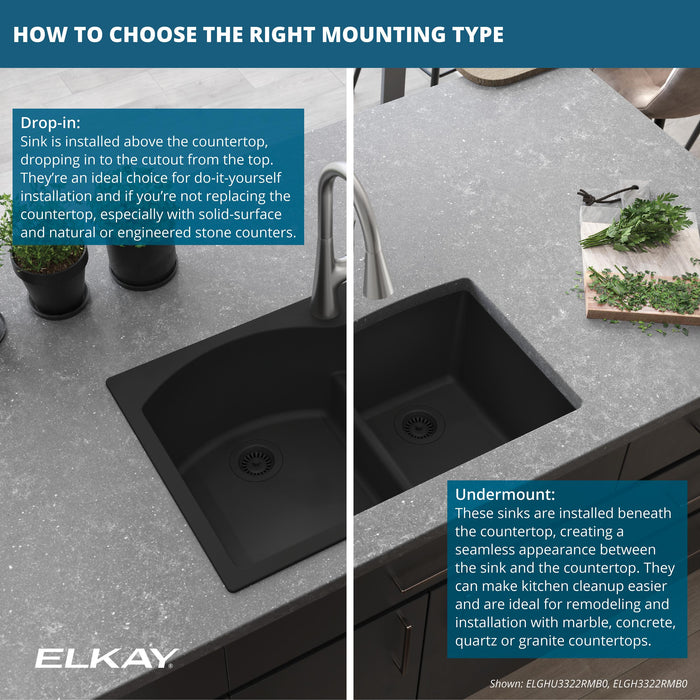 Elkay ELGRU13322BK0C 33" x 18-23/50" Quartz Single-Bowl Undermount Kitchen Sink Kit in Black