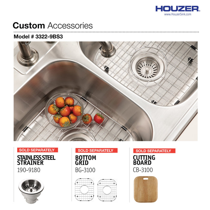 Houzer 3322-9BS3-1 Glowtone 33" Stainless Steel Drop-in Topmount 3-Hole 50/50 Double Bowl 9" Deep Kitchen Sink