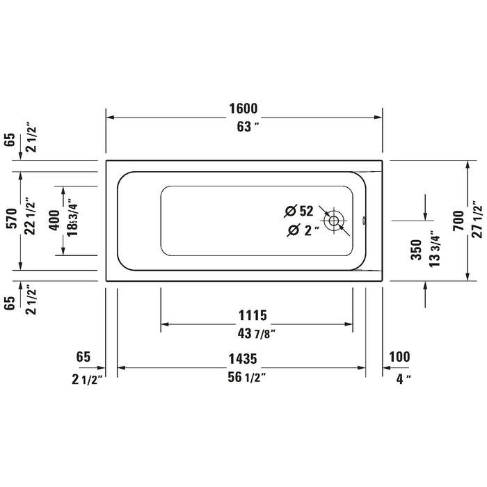 Duravit 700096000000090 D-Code 63" x 27 1/2" Drop-in Soaking Bathtub with Reversible Drain