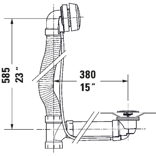 Duravit cable-operated bathtub drain technical drawing with vertical and horizontal dimensions