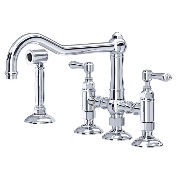 Rohl A1458LMWSAPC-2 Acqui Deck Mount Column Spout 3 Leg Bridge Kitchen Faucet with Sidespray and Lever Handles in Polished Chrome