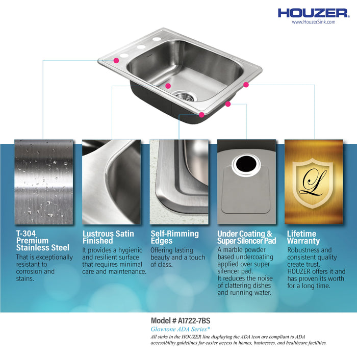 Houzer A1722-7BS-1 Glowtone ADA Compliant 17" Stainless Steel Drop-in Topmount 3-Hole Large Bar and Prep Sink