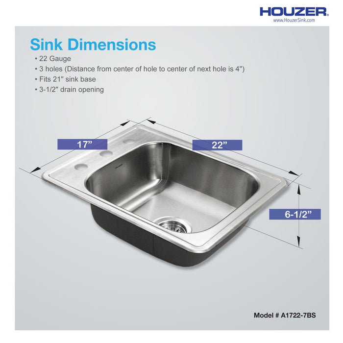 Houzer A1722-7BS-1 Glowtone ADA Compliant 17" Stainless Steel Drop-in Topmount 3-Hole Large Bar and Prep Sink