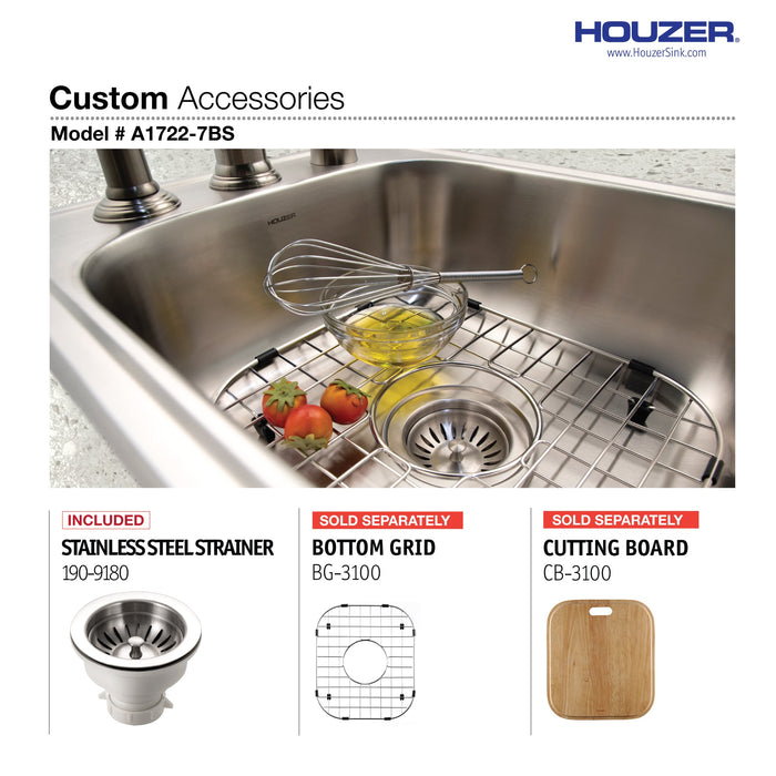 Houzer A1722-7BS-1 Glowtone ADA Compliant 17" Stainless Steel Drop-in Topmount 3-Hole Large Bar and Prep Sink