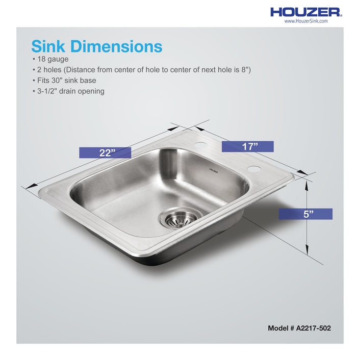 Houzer A2217-502-1 ADA Compliant 22" Stainless Steel Drop-in Topmount 2-Hole 5" Deep Single Bowl Kitchen Sink