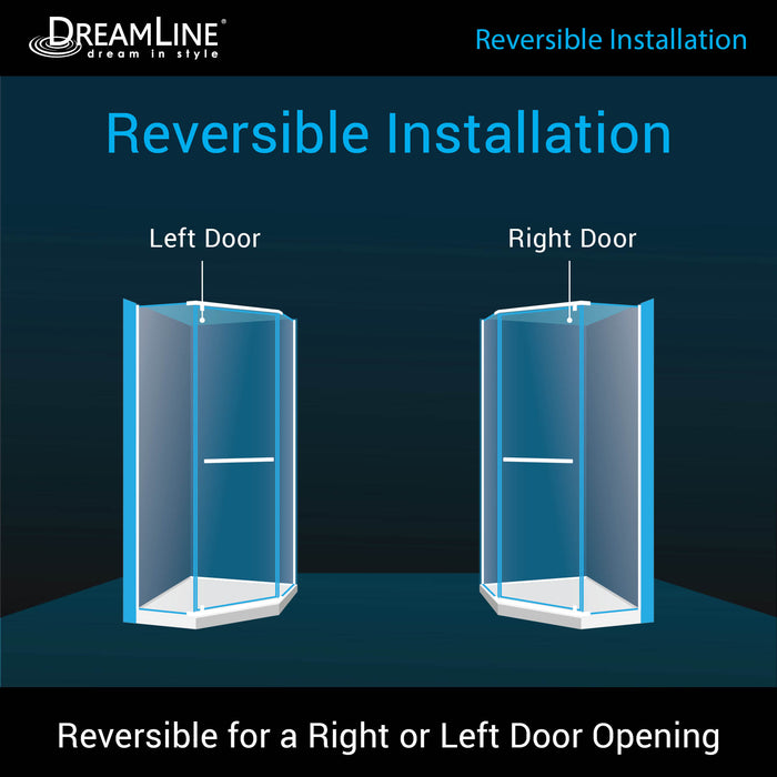 DreamLine DL-6030-04 Prism 36" x 74 3/4" Frameless Neo-Angle Pivot Shower Enclosure in Brushed Nickel with White Base Kit