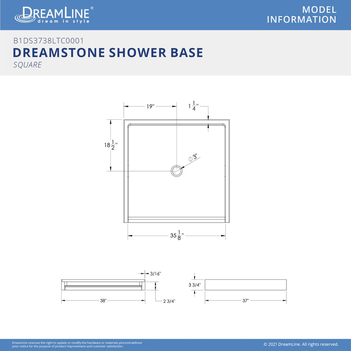 DreamLine B1DS3738LTC0001 DreamStone 37"D x 38"W x 3 3/4"H Center Drain Single Threshold Shower Base in White