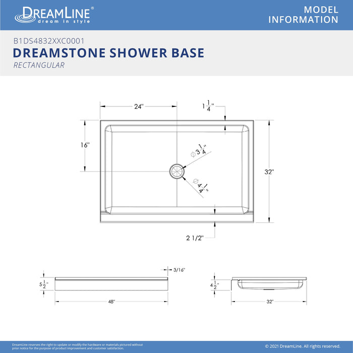 DreamLine B1DS4832XXC0001 DreamStone 32"D x 48"W x 5 1/2"H Center Drain Single Threshold Shower Base in White