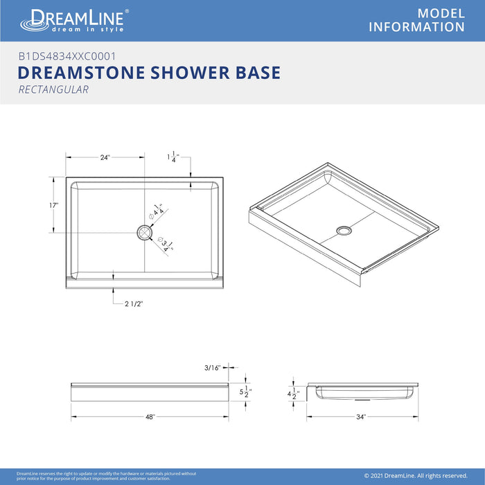 DreamLine B1DS4834XXC0001 DreamStone 34"D x 48"W x 5 1/2"H Center Drain Single Threshold Shower Base in White