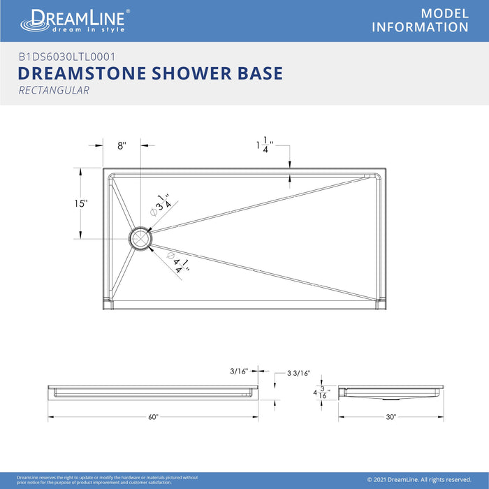 DreamLine B1DS6030LTL0001 DreamStone 30"D x 60"W x 4 3/16"H Left Drain Single Threshold Shower Base in White