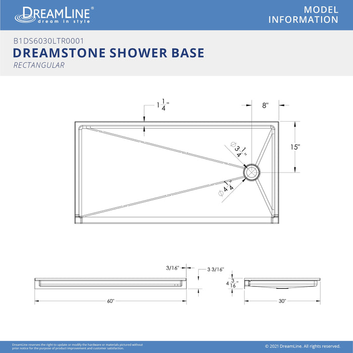 DreamLine B1DS6030LTR0001 DreamStone 30"D x 60"W x 4 3/16"H Right Drain Single Threshold Shower Base in White
