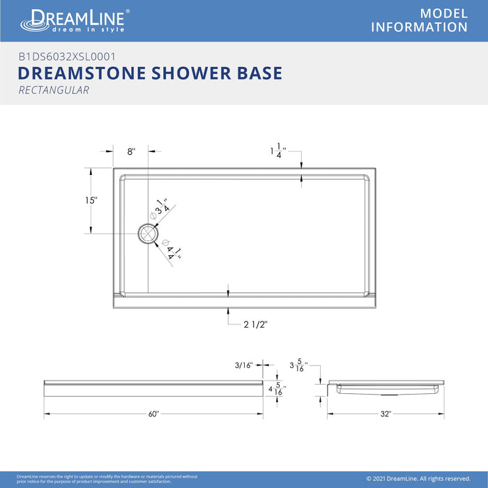 DreamLine BWDS6032SML0001 DreamStone 32"D x 60"W Shower Base and Wall Kit in White Modern Subway Pattern
